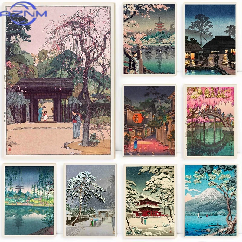 Japanese Tokyo Lifestyle - AZNM レトロ浮世絵伝統的な日本ポスター東京日本のイラスト風景キャンバス絵画壁アートリビングルームホーム用