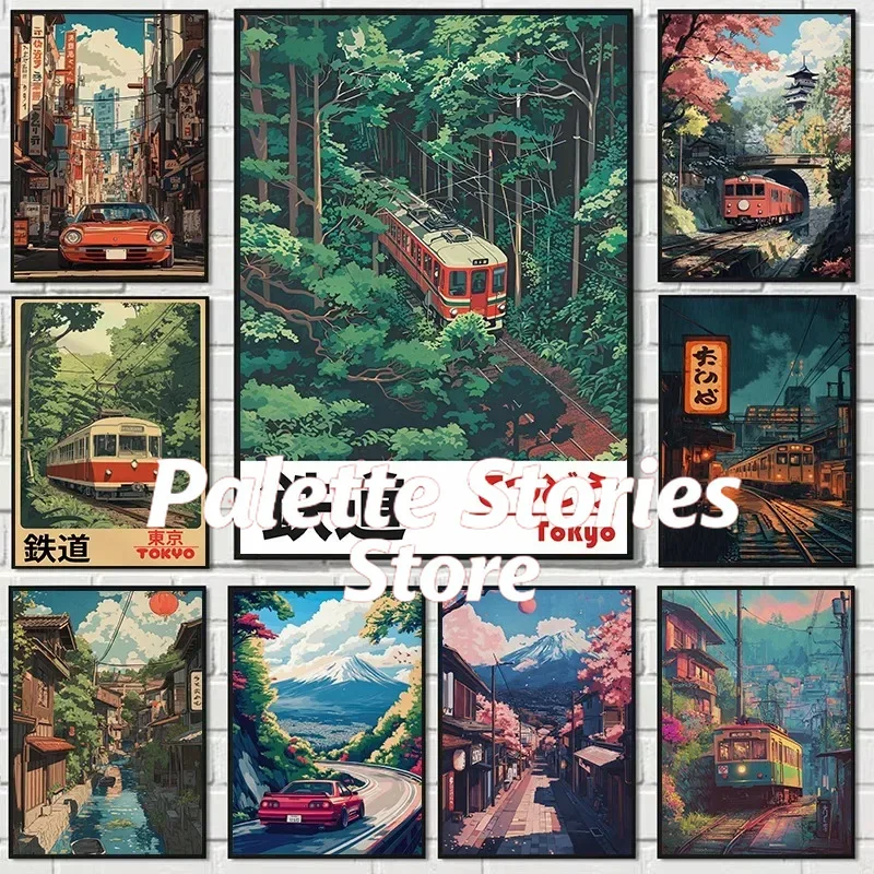 Japanese Tokyo Lifestyle - 1PC フレームレス油絵数字で描くレトロな東京鉄道ヴィンテージ日本の電車旅行アジアの風景アニメスタイルウォールアート H