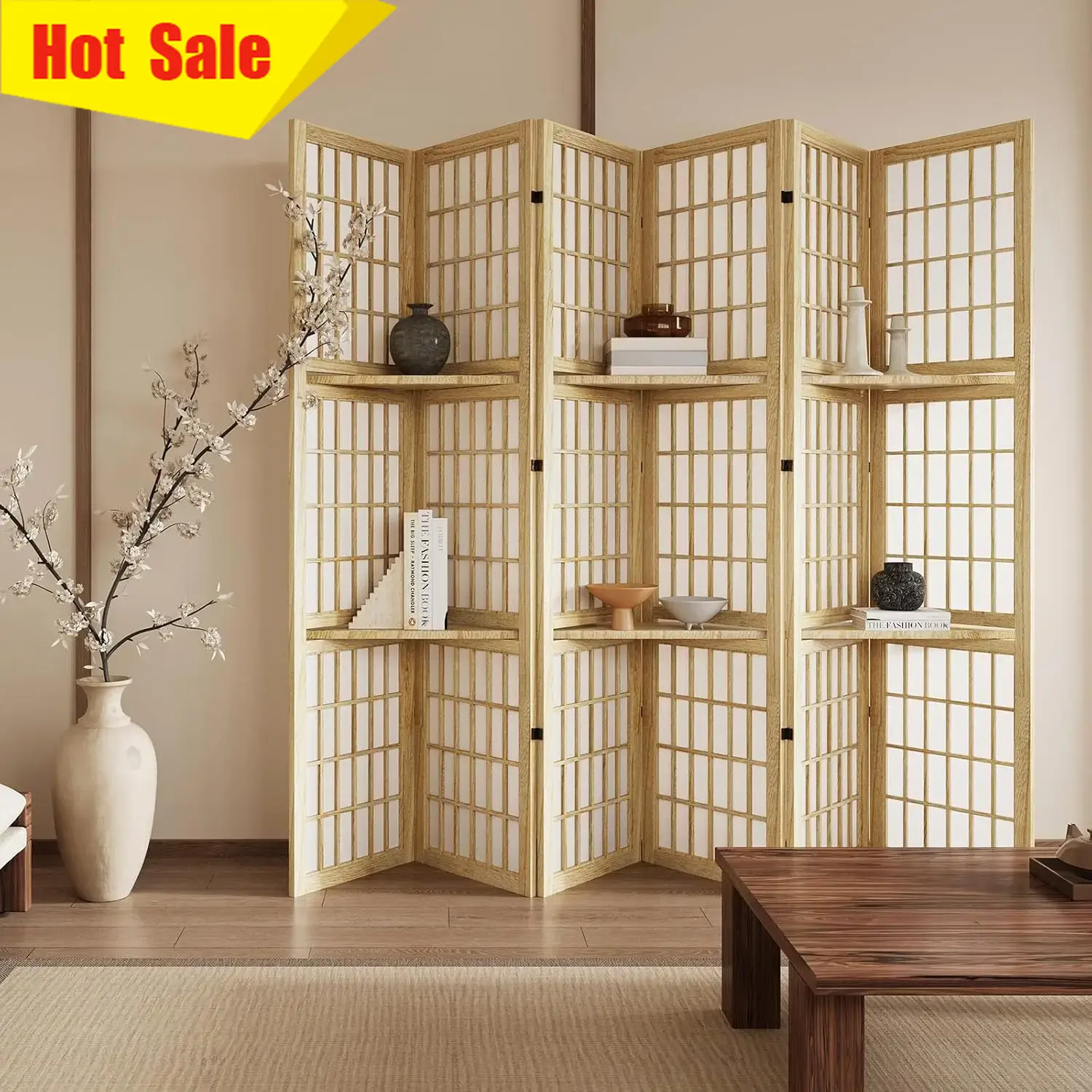 Shoji Screen Divider - 5.6フィートの6枚パネル折りたたみ式ポータブルルームディバイダー、天然障子風仕切りスクリーン、3つの収納棚付き、部屋の仕切りに