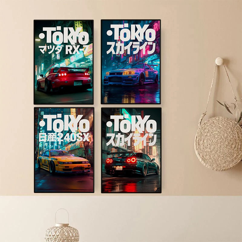 Japanese Tokyo Lifestyle - ヴィンテージ東京JDMカーポスターネオン日本のストリートレーシングドリフトオートキャンバス絵画壁アートガレージリビングルーム家の装飾用