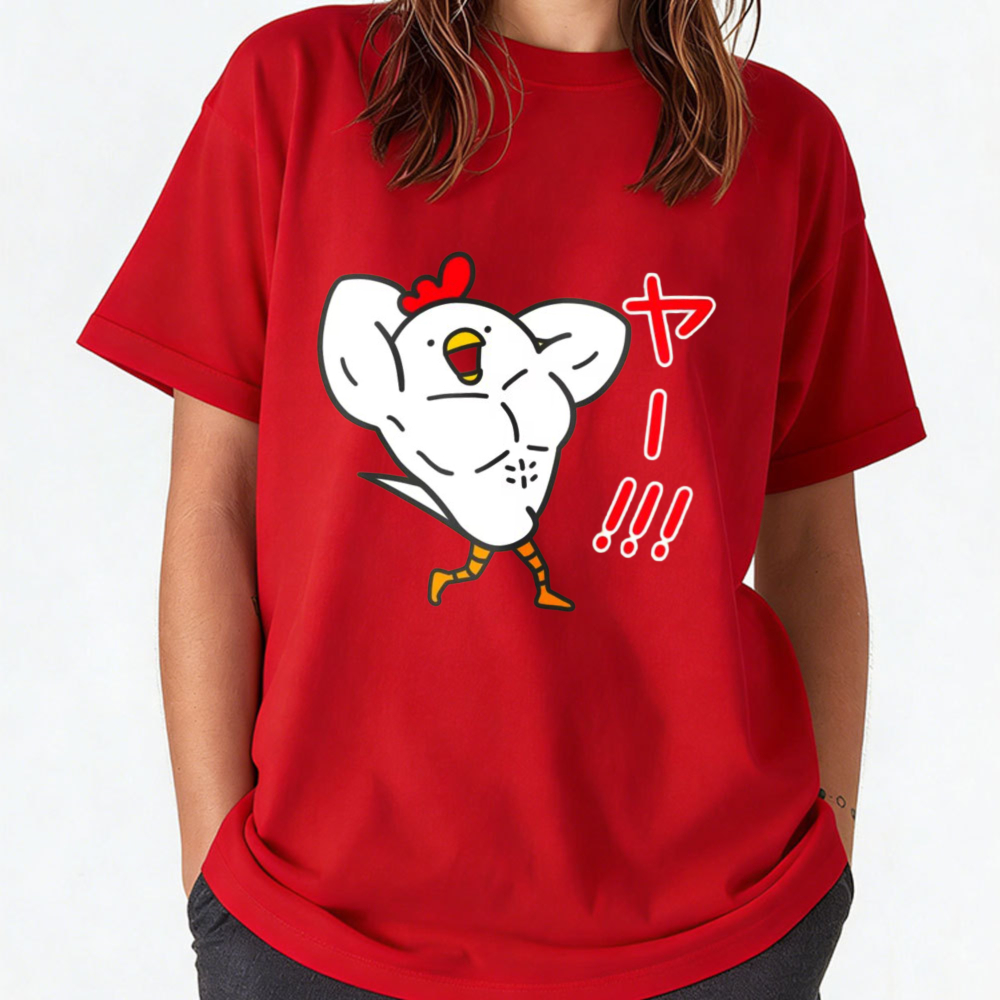 Japanese Women Lifestyle - 女性用コットンTシャツ 面白い筋肉質な鶏と日本語の感嘆符テキストプリント付き 面白いジムライフスタイル カジュアルストリートTシャツ