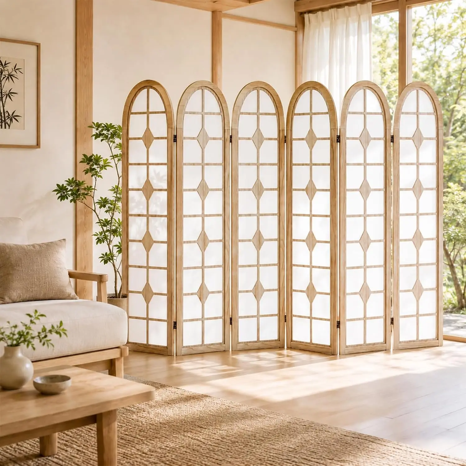 6枚パネルの障子式間仕切り、木製折りたたみ式プライバシースク - Shoji Screen Divider のレビューと価格