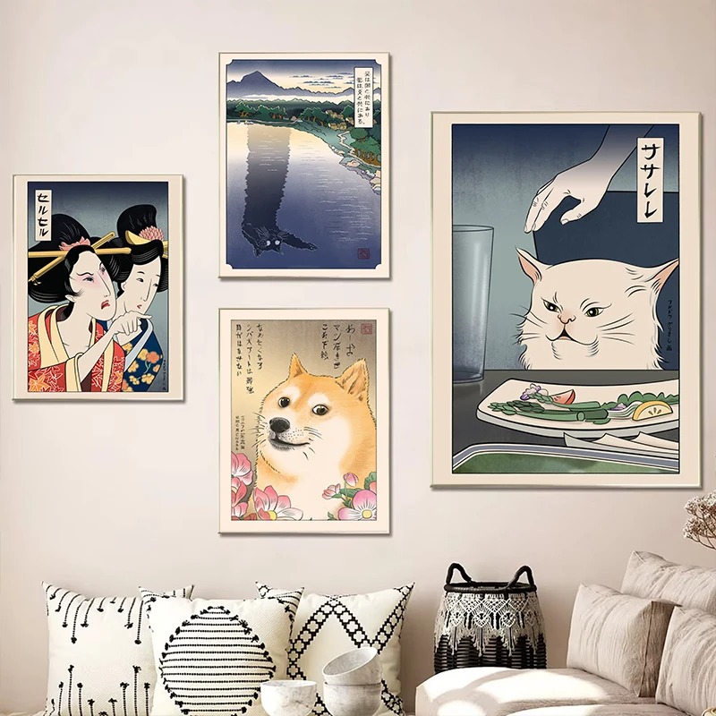 日本の浮世絵風ポスター印刷、猫に怒鳴る女性、キャンバス絵画、 - Japanese Women Lifestyle のレビューと価格